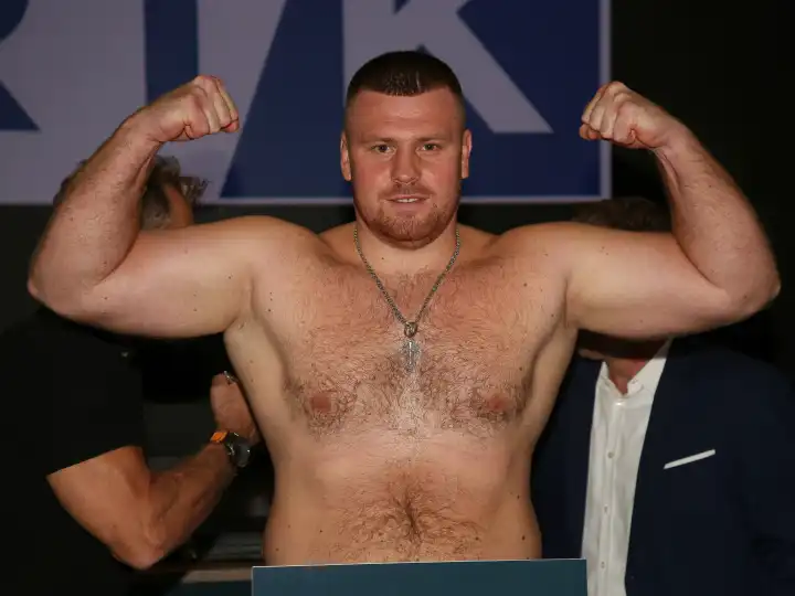 Ukrainian heavyweight boxer Kostiantyn Dovbyshchenko (Ukraine) at the official weigh-in for THE SHOW MUST GO ON III in Magdeburg on 22.09.2023