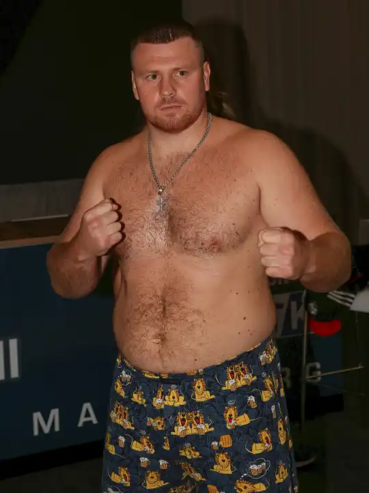 Ukrainian heavyweight boxer Kostiantyn Dovbyshchenko (Ukraine) at the official weigh-in for THE SHOW MUST GO ON III in Magdeburg on 22.09.2023