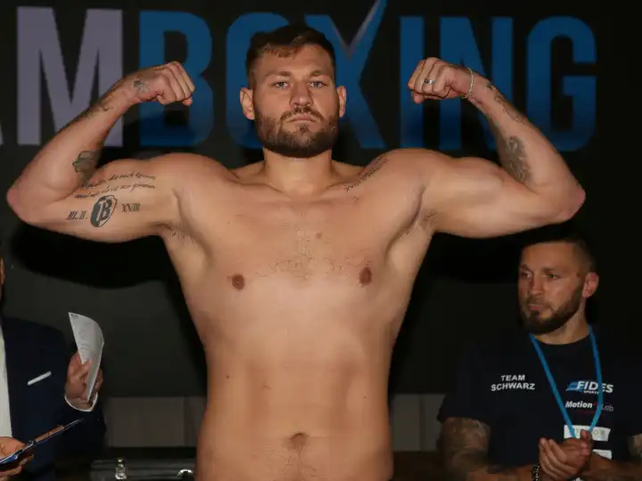 German heavyweight boxer Tom Schwarz (Magdeburg,Germany) from the Magdeburg boxing stable Fides Sports at the official weigh-in for THE SHOW MUST GO ON III on 22.09.2023 in Magdeburg, Germany