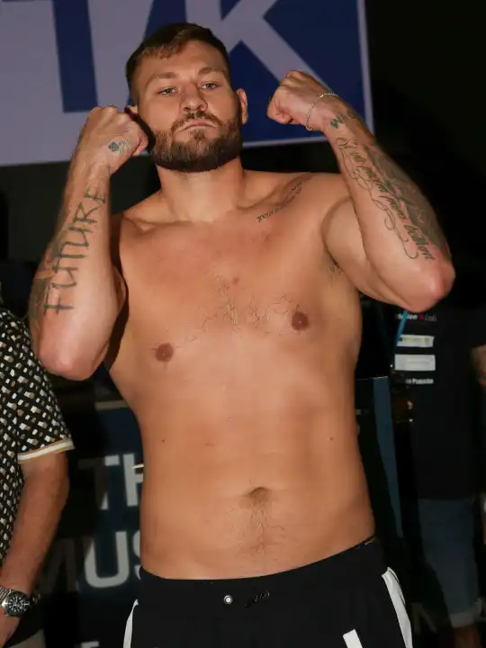 German heavyweight boxer Tom Schwarz (Magdeburg,Germany) from the Magdeburg boxing stable Fides Sports at the official weigh-in for THE SHOW MUST GO ON III on 22.09.2023 in Magdeburg, Germany