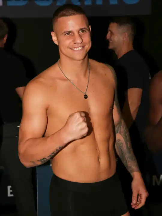 German super middleweight boxer Tyron Zeuge (Berlin,Germany) from the Magdeburg boxing stable Fides Sports at the official weigh-in for THE SHOW MUST GO ON III on Sept. 22, 2023 in Magdeburg, Germany