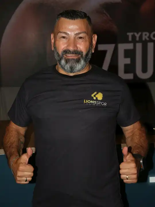 Promoter Levent Cukur of Lionssports Promotion at the official weigh-in for THE SHOW MUST GO ON III on Sept. 22, 2023, in Magdeburg, Germany.