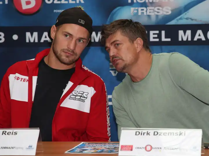 Challenger super middleweight boxer Artur Reis with boxing coach Dirk Dzemski SES-Boxing at press conference of SES-Boxing on 04.10.2023 in Magdeburg