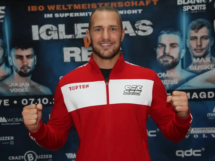 Challenger super middleweight boxer Artur Reis SES-Boxing at press conference of SES-Boxing on 04.10.2023 in Magdeburg