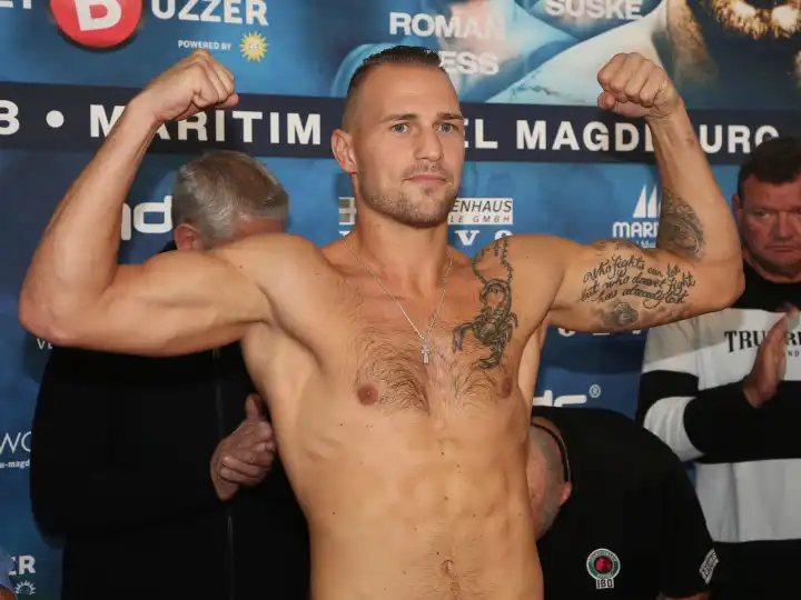 Challenger super middleweight boxer Artur Reis SES Boxing at the official weigh-in of SES Boxing on 06.10.2023 in Magdeburg.