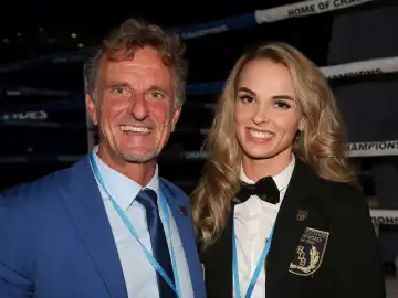 BDB President Thomas Pütz with daughter judge Karoline Pütz at the boxing evening THE SHOW MUST GO ON III of the Magdeburg boxing stable Fides Sports on 23.09.2023 in Magdeburg