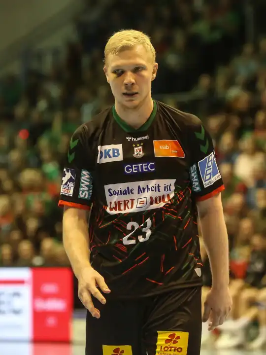 dänischer Handballspieler Magnus Saugstrup (SCM) Liqui Moly HBL Saison 2023-24 21.Spieltag SC Magdeburg - MT Melsungen am 11.02.2024 in der GETEC Arena Magdeburg
