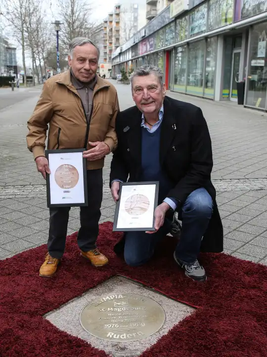 Double Olympic rowing champions Georg Spohr and Friedrich-Wilhelm Ulrich (both SC Magdeburg) at the unveiling of the base plate on the Magdeburg Sports Walk of Fame on 15.03.2024