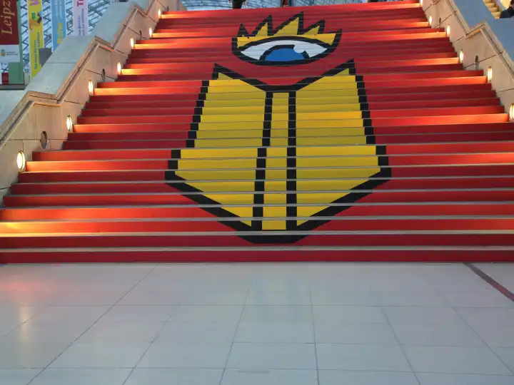 Leipzig Book Fair logo on a staircase during the Leipzig Book Fair 2024 on 21.03.2024