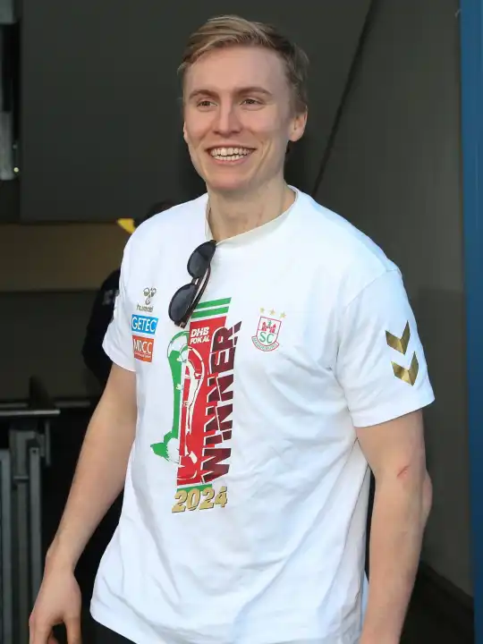 Icelandic handball player Gisli Kristjansson (SC Magdeburg) at the reception of the current DHB Cup winner 2024 SC Magdeburg on 15.04.2024 at the GETEC Arena Magdeburg