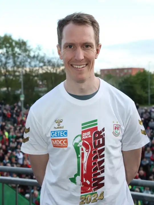 Swedish handball goalkeeper Mikael Aggefors (SC Magdeburg) at the reception of the current DHB Cup winner 2024 SC Magdeburg on 15.04.2024 at the GETEC Arena Magdeburg