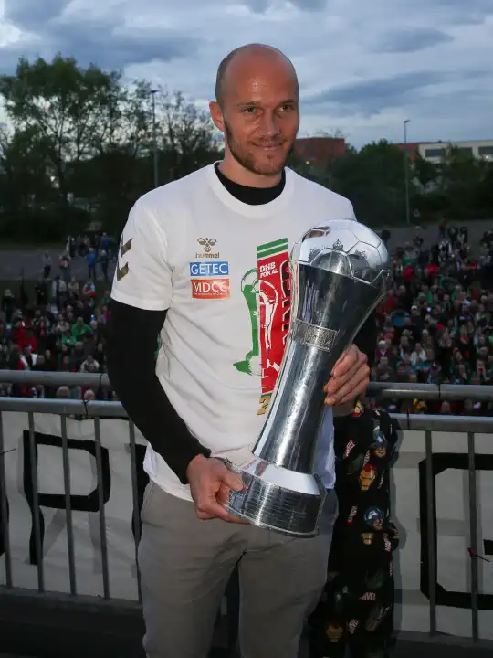 German handball player Tim Hornke (SC Magdeburg) at the reception of the current DHB Cup winner 2024 SC Magdeburg on 15.04.2024 at the GETEC Arena Magdeburg