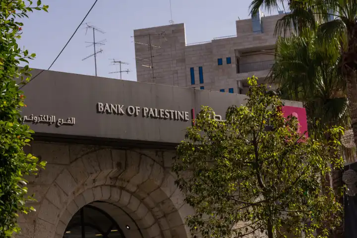 Bank of Palestine in downtown Ramallah in the Galilee, West Bank.