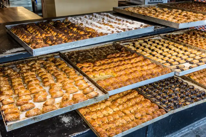 Sweet pastries and cakes at the market in Jerusalem, Israel.