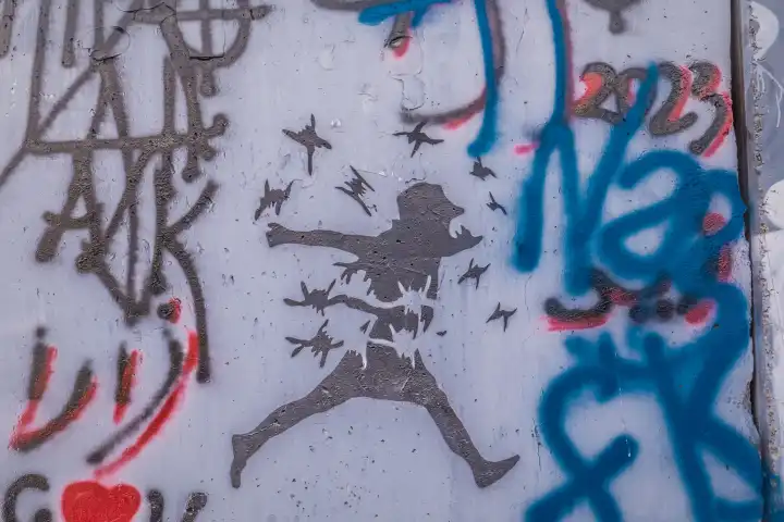Banksy an der Sicherheitsmauer in Bethlehem, Westjordanland. Graffiti zieren die Sicherheitsanlage zwischen Israel und den autonomen Palästinensergebieten.