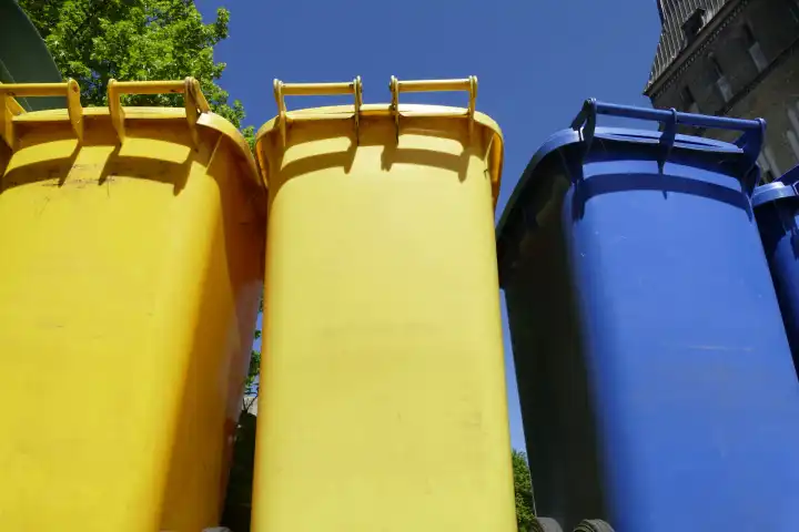 Blaue Tonne für Altpapier und gelbe Tonne für Plastikmüll aus der Froschperspektive,  Mülltrennung, Deutschland