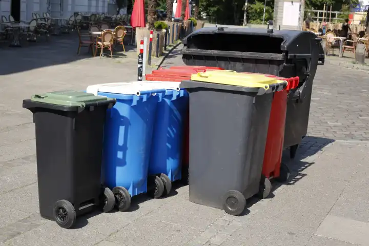 Colourful different recyclables and garbage cans, standing on the road, Germany