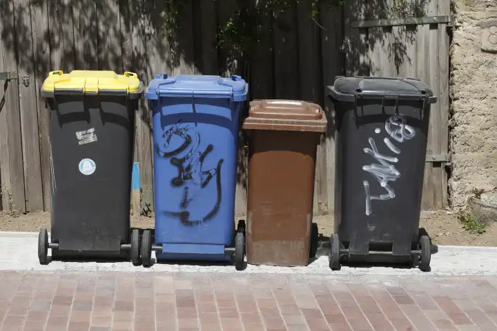 Bunte verschiedene Wertstofftonnen und Mülltonnen, auf der Straße stehend, Deutschland