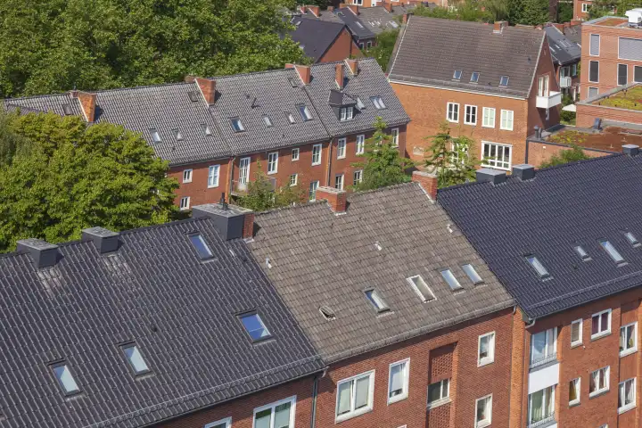 Moderne Wohngebäude mit Dächern aus dem Volgelschau, Bremen, Deutschland, Europa