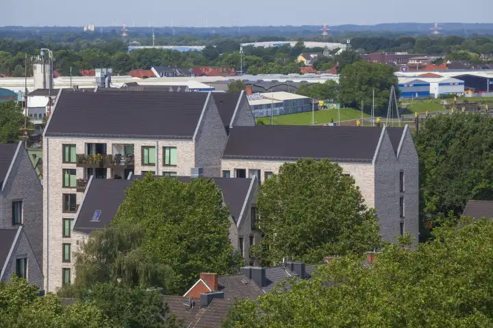 Moderne Wohngebäude mit Dächern aus dem Volgelschau, Bremen, Deutschland, Europa