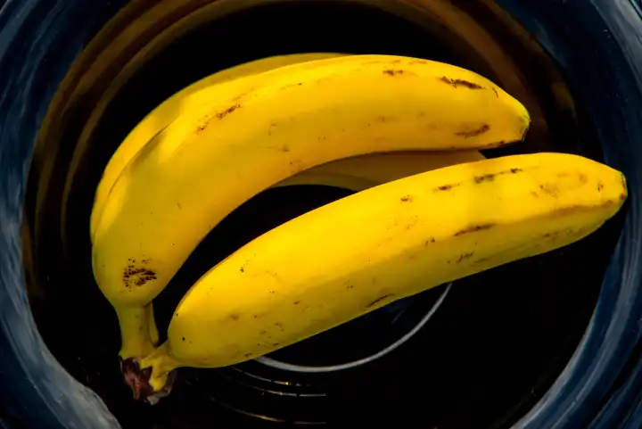 reife Bananen in einer schwarzen Obstschale