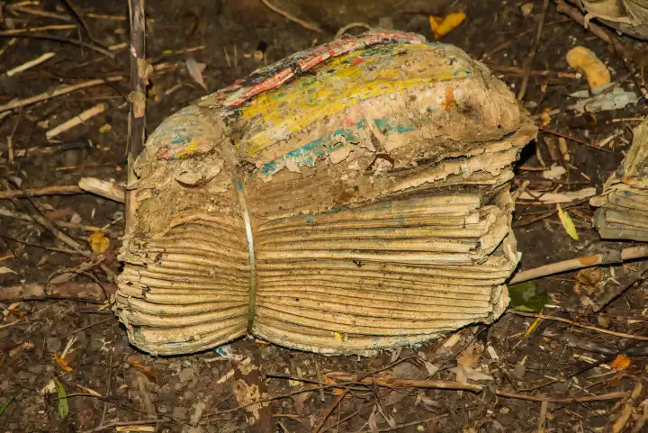 Weggeworfenes Bündel von Broschüren in einem Wald