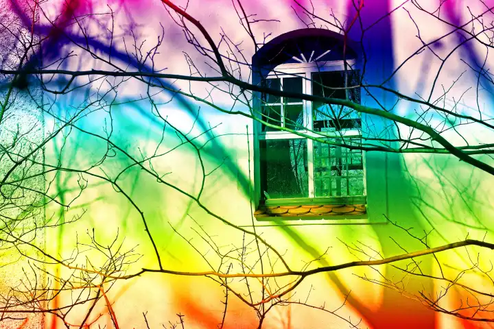 Fenster einer alten Kapelle mit Schatten von Baumzweigen in Regenbogenfarben
