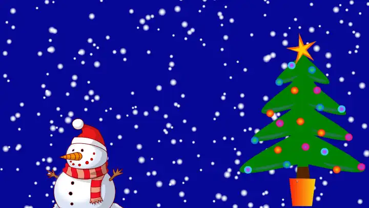 Schneemann mit verschneitem Weihnachtsbaum und Schneefall