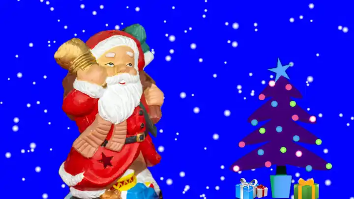 Santa Claus with Christmas tree and gifts with snowfall