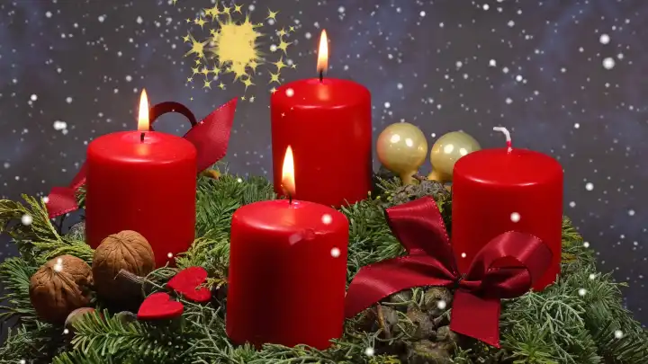3. Advent, Adventskranz mit brennenden Kerzen