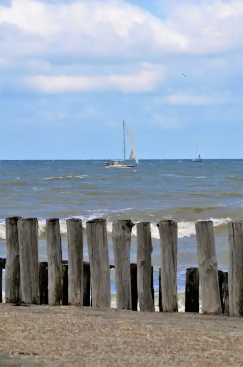A beach at northsea in the netherlands with a sailboat in the background