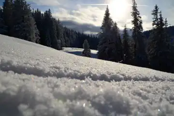Glitzernder Schnee in den Bergen im Allgäu, Deutschland