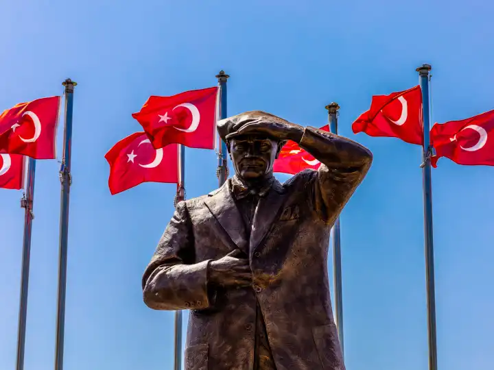 Marmaris, Turkey - May 01, 2022 - Monument to Ataturk in the center of the resort town of Turkey Marmaris