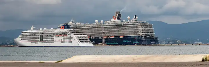 Corfu, Greece - June 2023 Cruise Ships of TUI Cruises and Hapag Llod Cruises in the Port