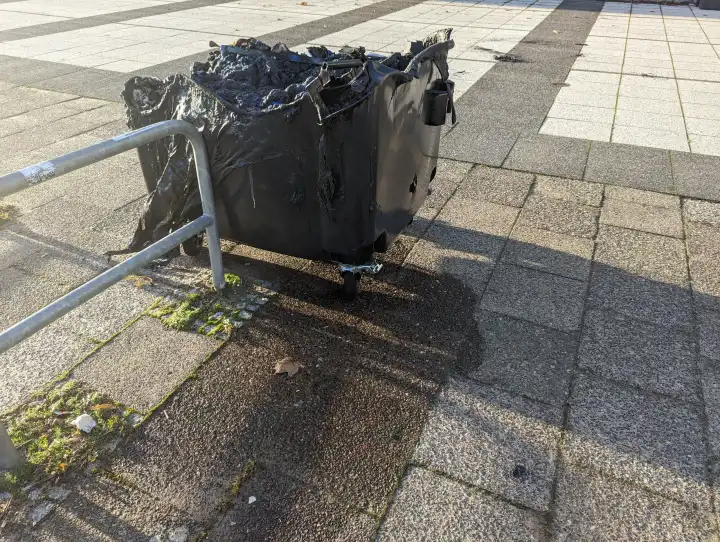 A burnt out garbage can on a sidewalk in Berlin