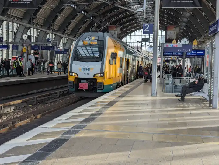 A regional express of the ODEG (Ostdeutsche Eisenbahn GmbH) at the Berlin train station Berlin - Alexanderplatz