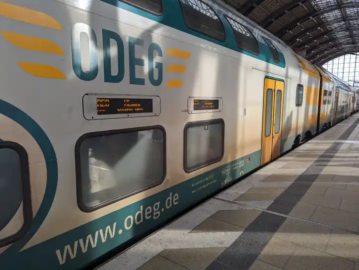 A regional express of the ODEG (Ostdeutsche Eisenbahn GmbH) at the Berlin train station Berlin - Alexanderplatz