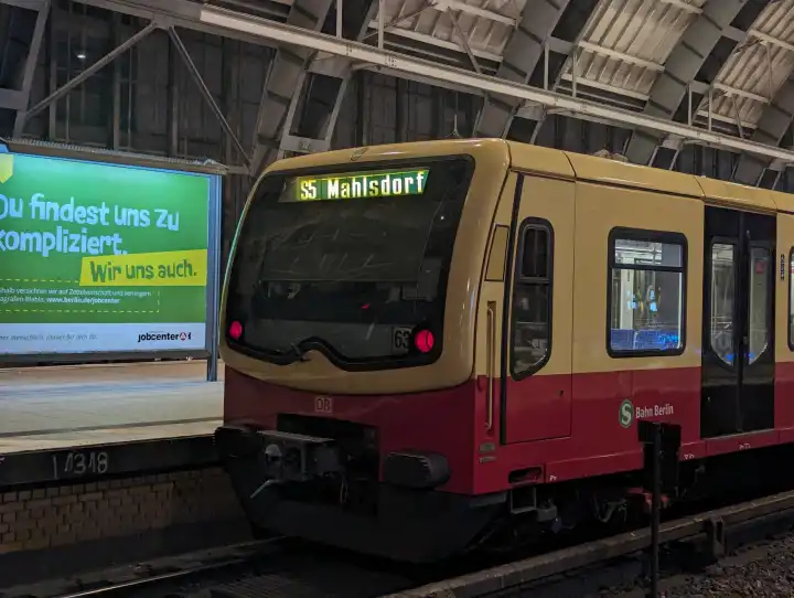 Eine S-Bahn der Berliner S-Bahn Berlin GmbH der Linie S5 Richtung Mahlsdorf im Bahnhof Berlin - Alexanderplatz