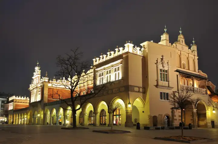 Poland, Cracow, Main Market Square, Sukiennice (Cloth Hall)at Night