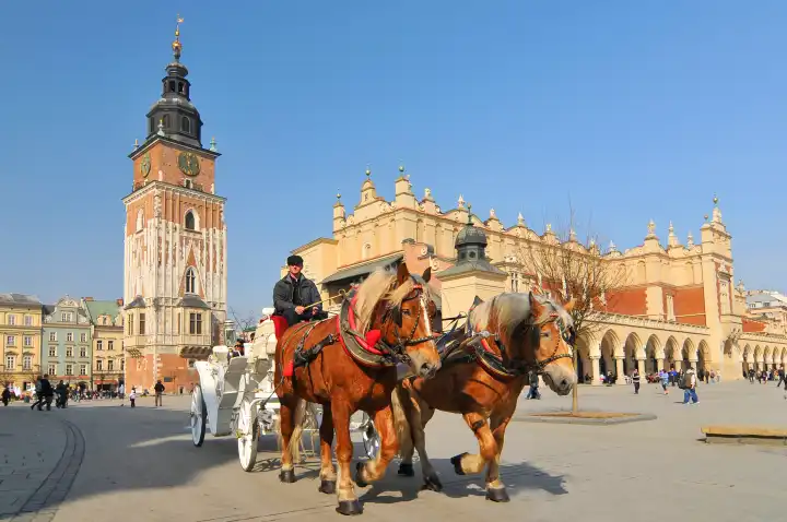 Horse carriage and Cloth Hall (Sukiennice) on Main Market Square Cracow, Poland