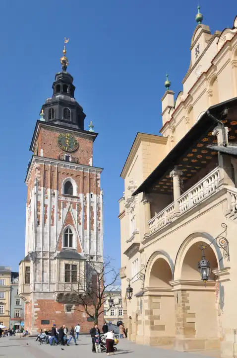 Poland, Cracow, Main Market Square, Sukiennice (Cloth Hall), Clock Tower