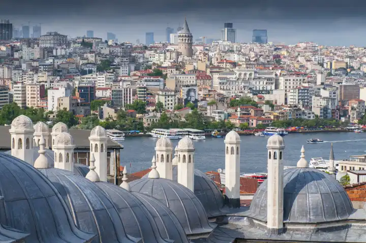 The domes of Suleymaniye Mosque, with the Bosphorus Strait and Galata Bridge in the distance Istanbul, Turkey