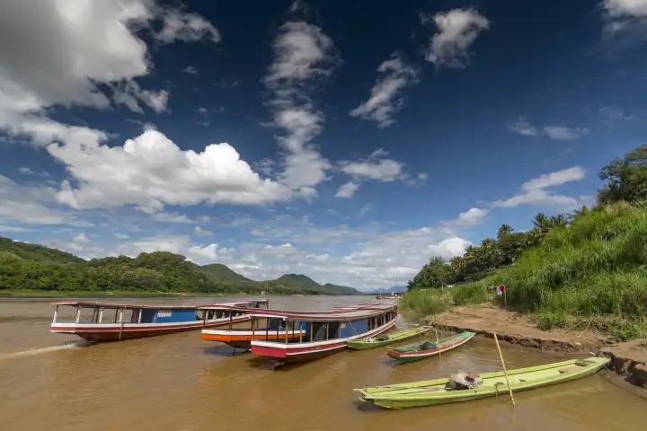 Tourist river boat on the Mekong River, Luang Prabang, Laos, Asia