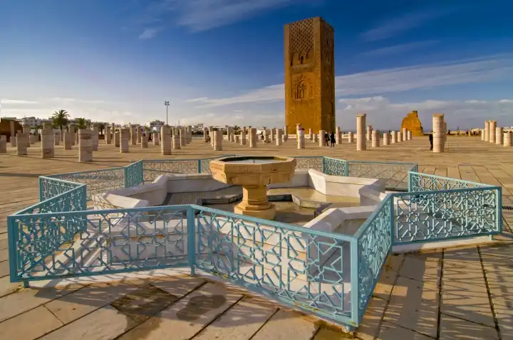 View at the Hassan tower with fountain near mausoleum of Mohammed V in Rabat, Morocco