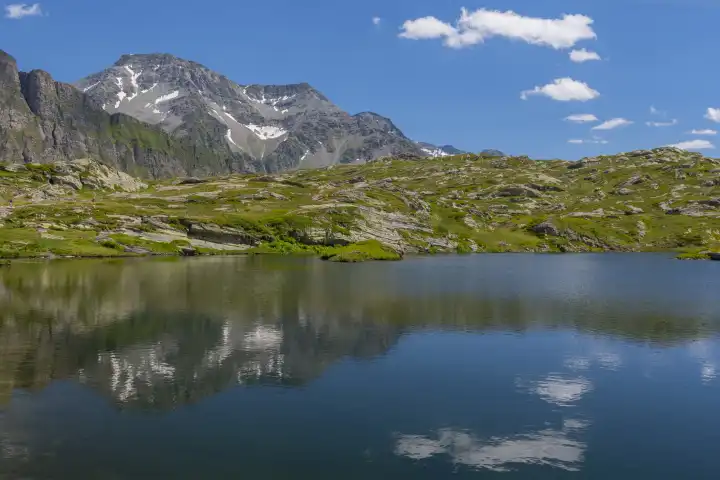 View at Moesola alpine lake near San Bernardino mountain pass, Switzerland