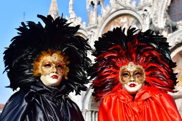 Colorful carnival masks at a traditional festival in Venice, Italy. February 20, 2023.