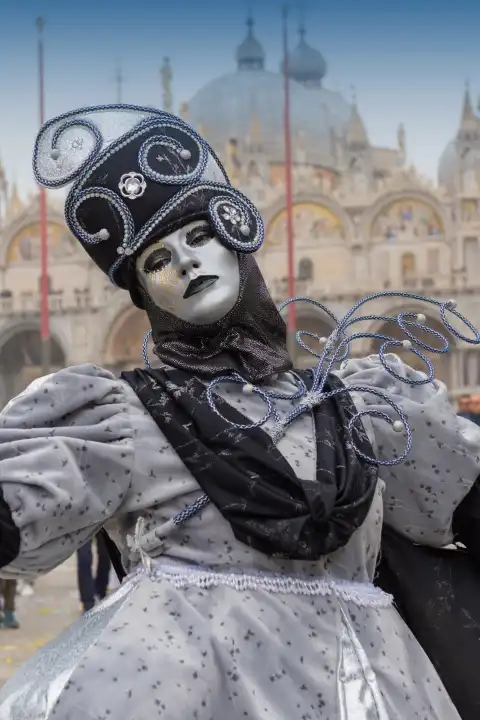 Traditional mask and costume at the annual Venice carnival. Italy February 20, 2023.