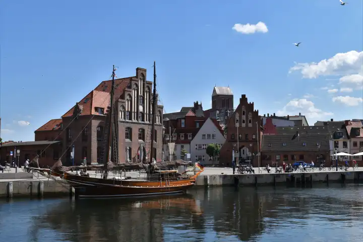 Old harbor with ship in Wismar on the Baltic Sea
