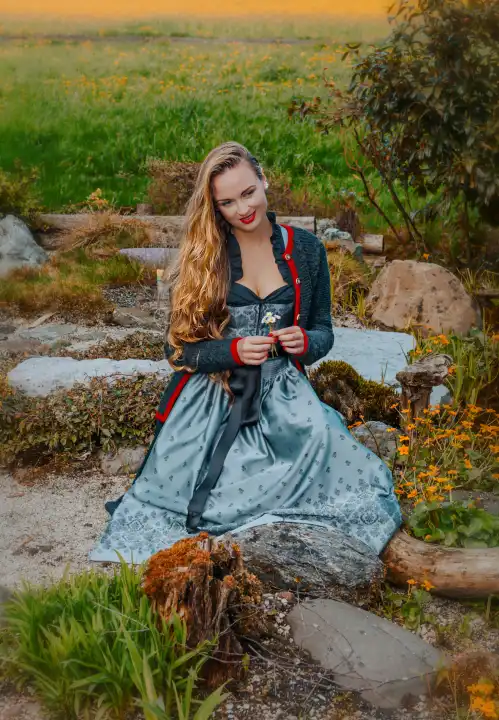 Young woman in festive dirndl kneels by pond holding flowers in hand