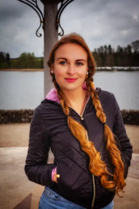 Portrait of young woman with long braids dressed in anorak in rainy weather.